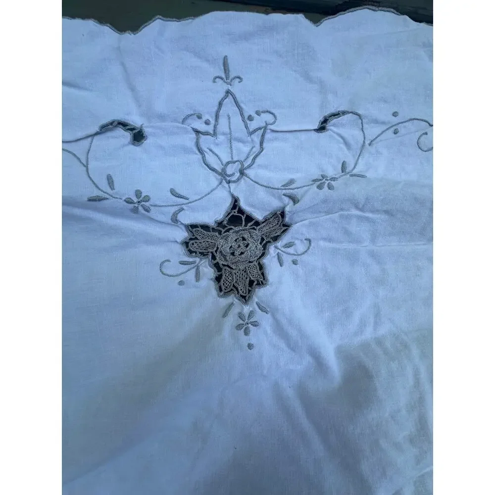 Vintage Tablecloth Embroidered 140x60” gray off white Scalloped Edge cutout